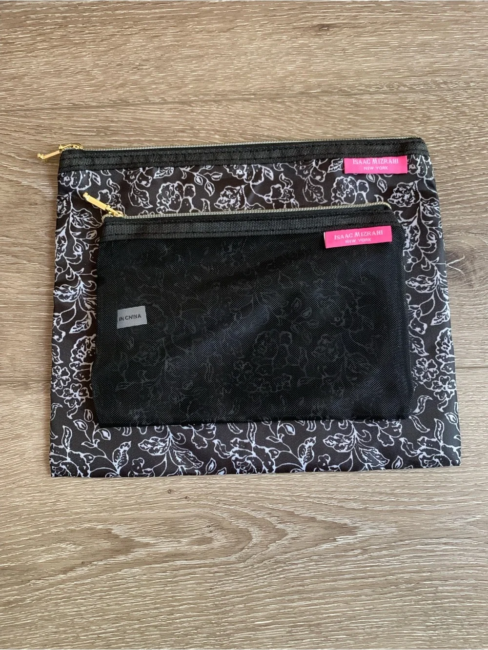Isaac Mizrahi Black Floral Mesh and Zip Cosmetic Pouches with Pink Logo Tabs